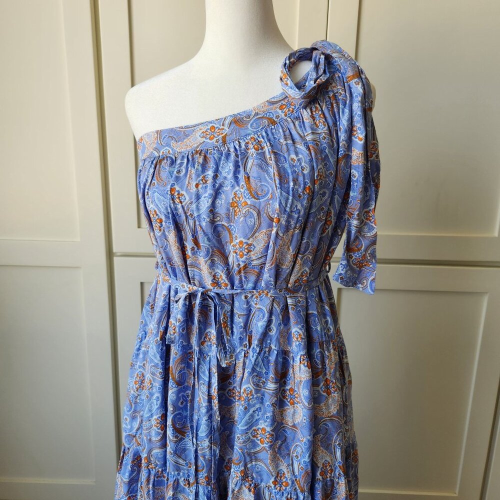 In Loom Blue Paisley One-Shoulder Dress Flowy Babydoll Boho Festival Cute Summer - Picture 3 of 12